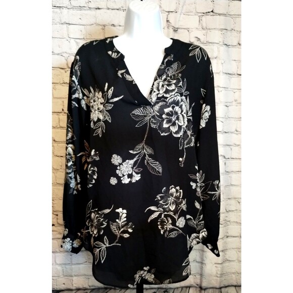 Maurices Women's Tunic Blouse Black White Flowy V-Neck Long Sleeve Floral Small - Picture 2 of 9